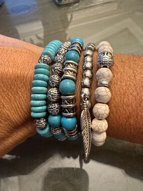 Jean Claude natural stone Silvertone stretchy Stackable Bracelet Set